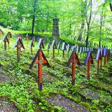 Krzyże z daszkami na mogiłach w lesie na wzgórzu.