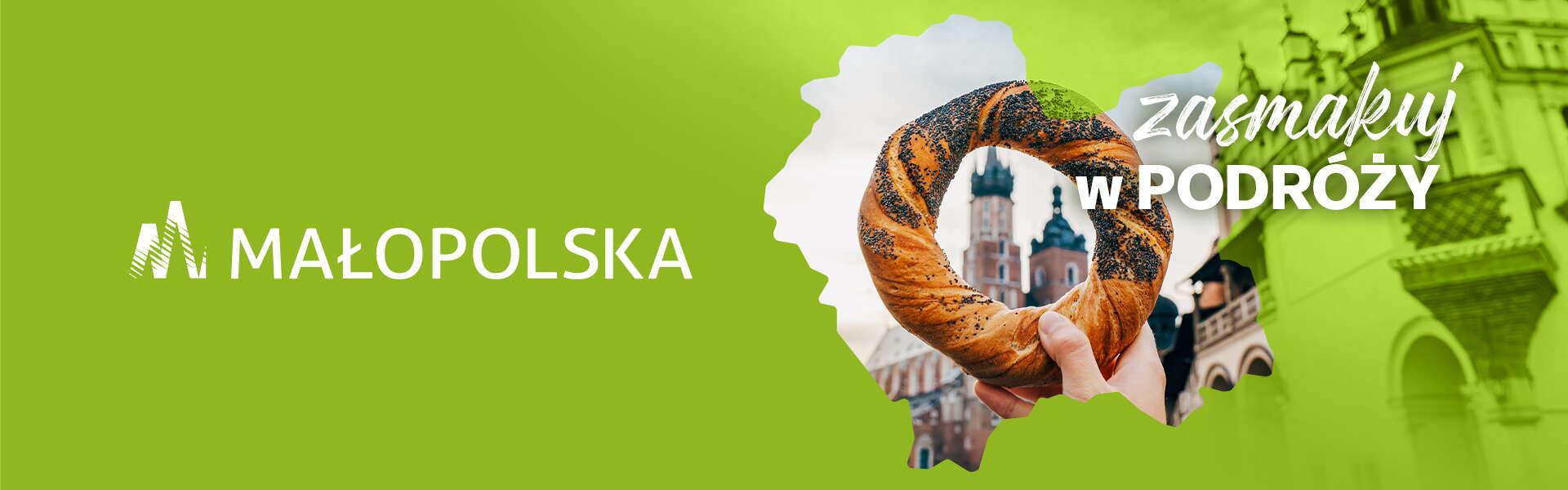graphic with Małopolska logo and the slogan ‘Taste Your Travels’, outline of the shape of Małopolska with a photo of a hand holding an obwarzanek with St Mary’s Basilica in Krakow in the background