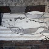 Obraz przedstawiający rybę na stole. Galeria Marii Ritter w Nowym Sączu